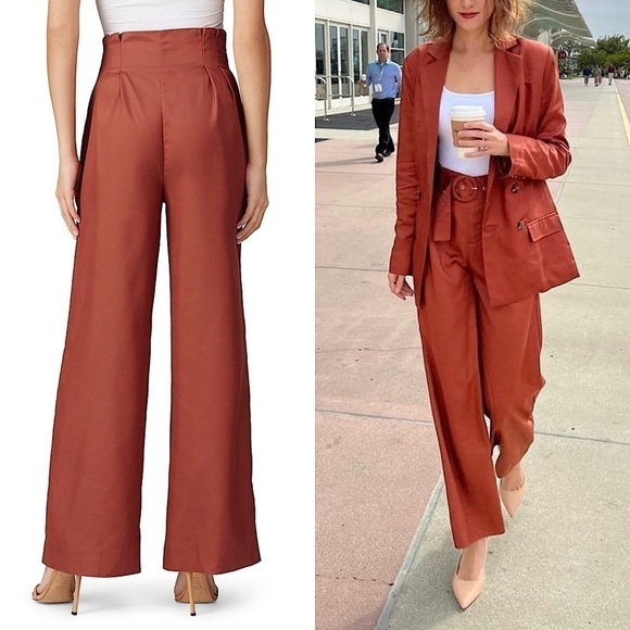 SWEET BABY JAMIE High Rise Rust Flowy Wide Leg Pleated Paperbag Waist Trousers 4 - Picture 2 of 8